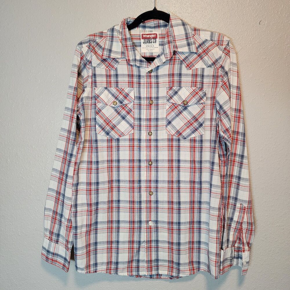 Wrangler Jeans Co Mens SM Plaid Long Sleeve Western Shirt Red White Blue Pockets